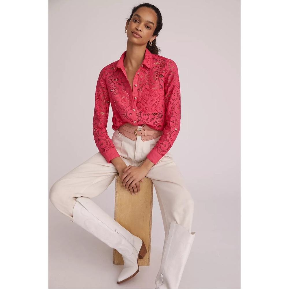 Anthropologie Maeve Slim Lace Button‎ Down Shirt in Pink